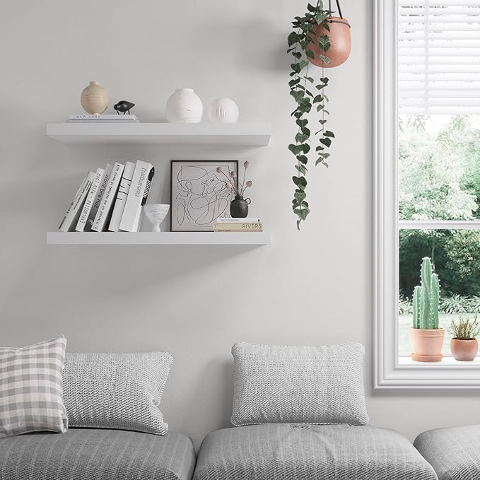 Floating Shelf, Set of 1 Wall Shelf, 24 in W x 12.75 in D x 2 in H Wooden Floating Wall Shelf with Invisible Brackets for Living Room/Bedroom/Bathroom/Kitchen Storage and Decor, White