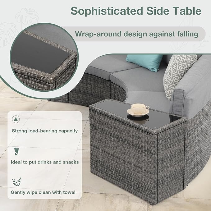 SUNSITT Rattan PE Resin Wicker Patio Side Table 2-Pack Sofa Wedge End Table with Tempered Glass Top, Grey