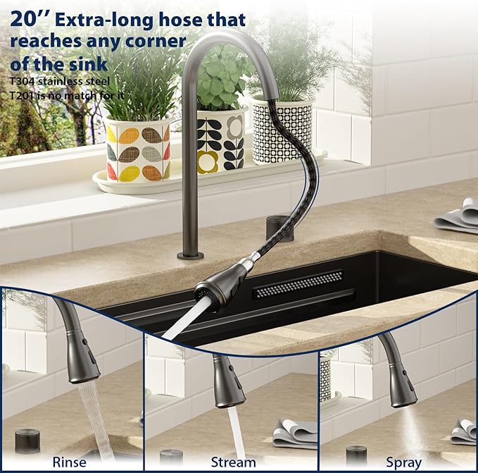Lordear 33 Inch Gunmetal Black Kitchen Sink With Waterfall Faucet Undermount Kitchen Sinks Workstation Stainless Steel T304 16 Gauge Single Bowl NANO-PVD Handmade Under Counter 33x17x10 Inch