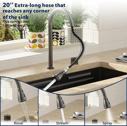 Lordear 33 Inch Gunmetal Black Kitchen Sink With Waterfall Faucet Undermount Kitchen Sinks Workstation Stainless Steel T304 16 Gauge Single Bowl NANO-PVD Handmade Under Counter 33x17x10 Inch