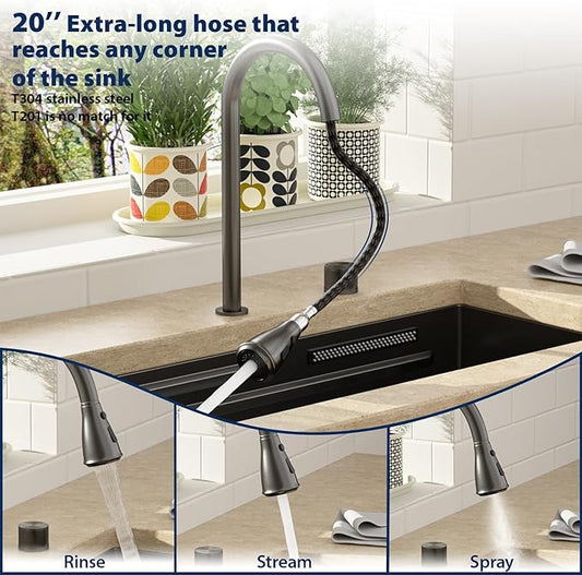 Lordear 33 Inch Gunmetal Black Kitchen Sink With Waterfall Faucet Undermount Kitchen Sinks Workstation Stainless Steel T304 16 Gauge Single Bowl NANO-PVD Handmade Under Counter 33x17x10 Inch