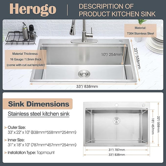Herogo 33 X 22 Workstation Kitchen Sink, 10" Deep Drop In 18/10 Stainless Steel Topmount Single Bowl 2-Hole R10 Tight Radius Large Kitchen Sinks with Kit of 5 Accessories