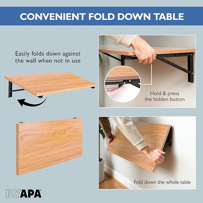 Ilyapa Wall Mounted Folding Table - 16x40 Wood Floating Desk for Wall, Laundry Folding Table - 1.5 inch Fold Down Wall Desk for Small Spaces, White Oak