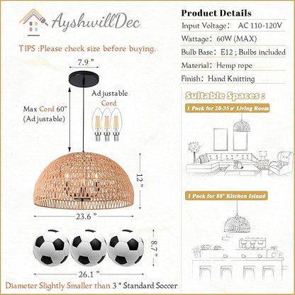 24" Brown Woven Pendant Light Boho Chandelier Dome Rustic Farmhouse Chandelier Wicker Pendant Light Rattan Light Fixture for Dining Room Living Room Bedroom Kitchen Island Foyer(Bulb Incl)