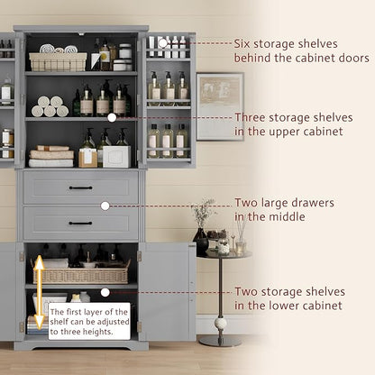 Storage Cabinet with 4 Doors and 2 Drawers, 72.5" H Kitchen Cabinet with 6 Door Shelves, Kitchen Storage Cabinets with Adjustable Shelves for Living Room, Gray