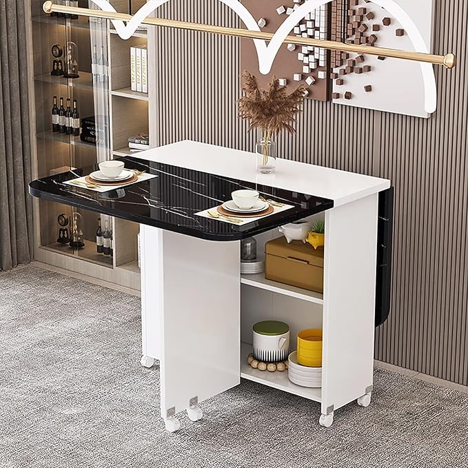 Wooden Folding Dining Table with Drop Leaf, Space-Saving Kitchen Island Table with Wheels, Hidden Storage(Gray White,47.2inch)