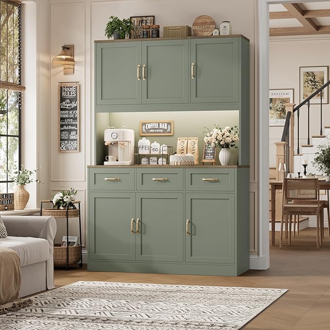 HOSTACK 72" Tall Kitchen Pantry Cabinet with Charing Station | LED Lights, 47" W Kitchen Pantry Storage Cabinet with Countertop, Modern Kitchens Hutch Cabinets with Storage for Dining Room, Green