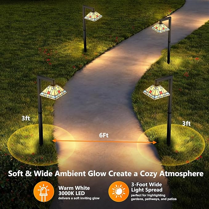 Low Voltage Landscape Lighting, 3W LED Pathway Lights with Handmade Tiffany Glass, 12V Waterproof Outdoor Lights for Garden, Yard, Walkway (2 Pack)