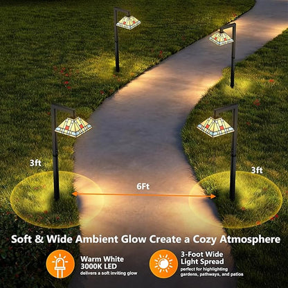 Low Voltage Landscape Lighting, 3W LED Pathway Lights with Handmade Tiffany Glass, 12V Waterproof Outdoor Lights for Garden, Yard, Walkway (2 Pack)