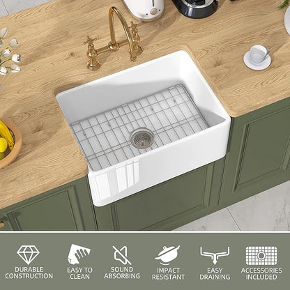 TUKTUK White Farmhouse Sink 24 X18 inch Fireclay Farm House Apron Front Undermount Small Modern Kitchen Sink Single Bowl for Bar and RV Luxury Bottom Grid & Strainer