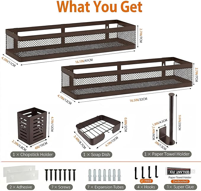 PUSDON 5-in-1 16.5" Extra Long Slim Wall Mount Wrapped Mesh Kitchen Organizer & Shower Caddy Kit, with Paper Towel Holder, Utensil Holder, Soap Dish, Holds 50LBS - Vintage Bronze, Netting