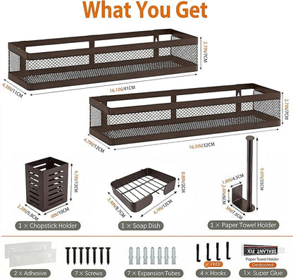 PUSDON 5-in-1 16.5" Extra Long Slim Wall Mount Wrapped Mesh Kitchen Organizer & Shower Caddy Kit, with Paper Towel Holder, Utensil Holder, Soap Dish, Holds 50LBS - Vintage Bronze, Netting
