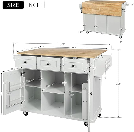 Ball & Cast Kitchen Cart with Rubber Wood Drop-Leaf Countertop,Cabinet Door Internal Storage Racks,Kitchen Island on 5 Wheels W/Storage Cabinet and 3 Drawers for Dinning Room,White,53"