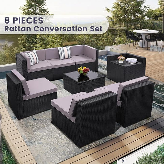 KROFEM 8-Piece Patio Furniture Set, Outdoor Wicker Rattan Sectional with Thick Cushions, Glass Top Table with Hidden Storage, Outdoor Conversation Set for Backyard, Porch, Patio, Light Grey
