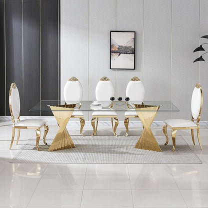 94" Modern Glass Gold Dining Table for 8-10, Luxury Kitchen Table with Tempered Glass Top & Mirror Finish Stainless Steel Base, Large Dinner Pedestal Tables for Home Banquet Hall Room, Only Table