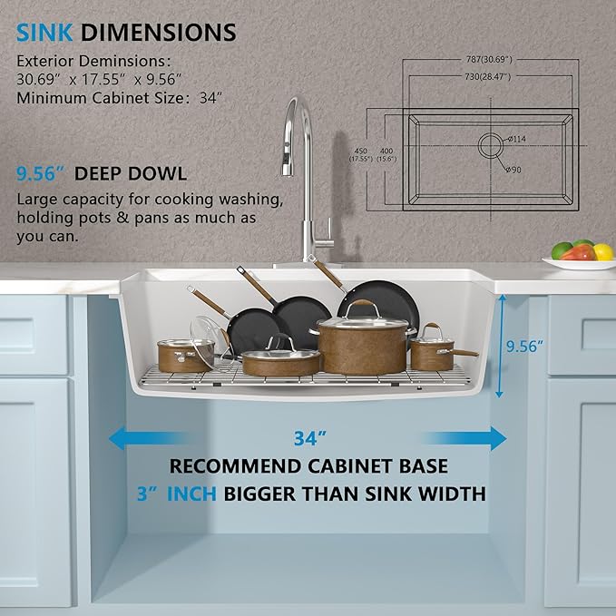 31 Granite Composite Kitchen Sink - Fulorni 31"×18" Granite Kitchen Sink White Undermount Quartz Classic Under Counter Single Bowl Sink Basin