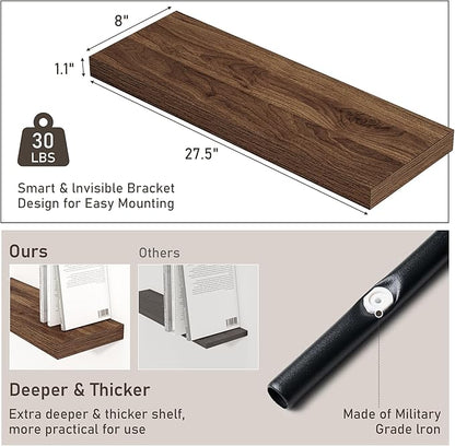 Fun Memories Floating Shelves for Wall Set of 2, 28 Inch Long Floating Shelves for Home Decor, Rustic Wood Wall Mounted Shelf, Hanging Deep Shelf for Living Room, Bedroom, Bathroom, Kitchen, Walnut