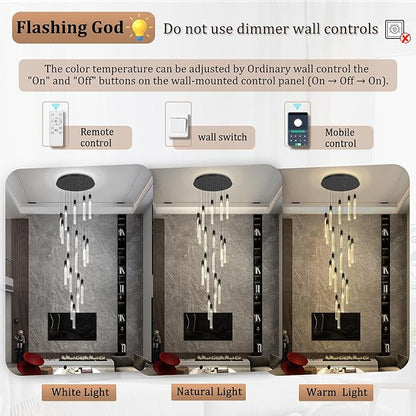 Flashing God Black 20 Lights High Ceiling Chandelier Modern Dimmable Light Fixtures Foyer Chandeliers Pendant Lighting Crystal Ceiling Chandelier Fixtures for Villa Staircase Hallway 11.5feet Long