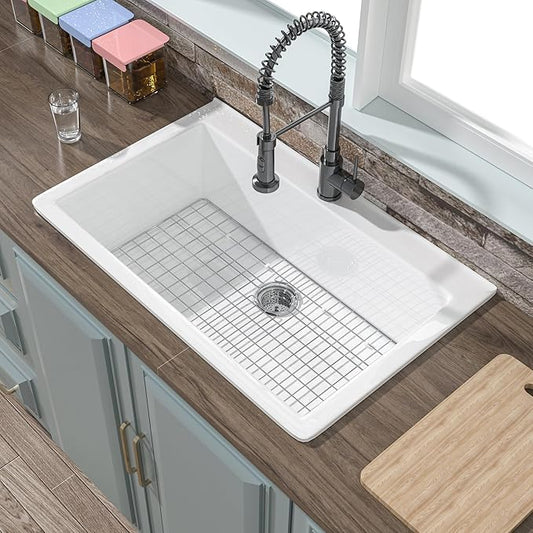 33x22 Drop In Kitchen Sink White 1 Hole, 33 Inch Topmount Fireclay Sink Drop In Single Bowl, Heavy Duty Large Capacity Deep Basin, w 2 Custom Accessories, Pure White, for Kitchen