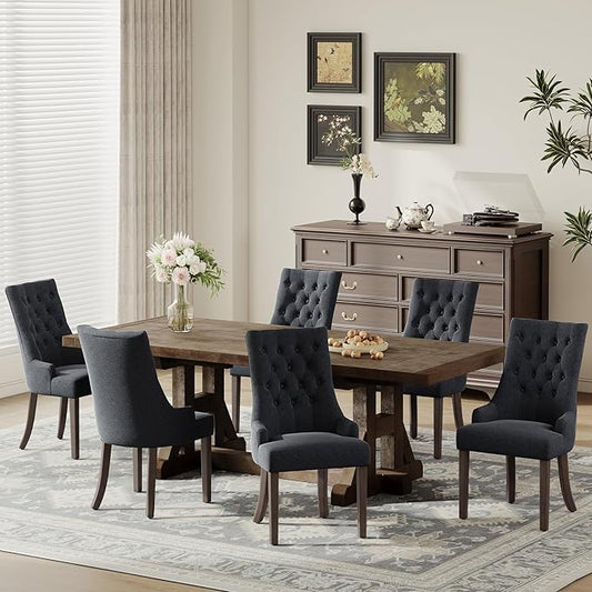 COLAMY Wingback Upholstered Dining Chairs Set of 6, Fabric Side Dining Room Chairs with Tufted Button, Living Room Chairs for Home Kitchen Resturant- Black