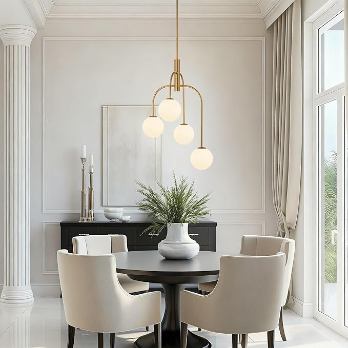 LamQee 4 Lights Mid Century Modern Chandelier, Milk Glass Globe Chandelier Light Fixture with Gold Metal & White Ball, Large Pendant Lighting Ceiling Hanging for Dining Room Kitchen Island Entryway