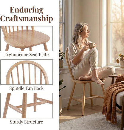 chairus Farmhouse Natural Dining Chairs Set of 8, Windsor Wooden Dining Room Chairs with Spindle Bow Back, Modern Cottage Armless Side Kitchen Chairs