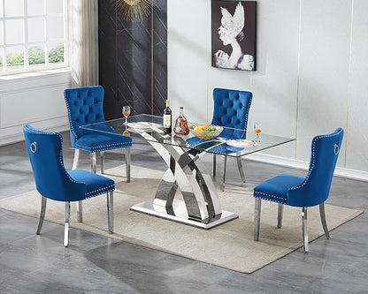Luxury Silver Glass Dining Table for 6-8 Modern 70" Rectangular Kitchen Table with Stainless Steel Base Large Clear Glass Top Dining Room Tables for Home Office