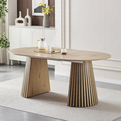 39.37-70.87 in Extendable Round Dining Table for 4 6 8, Modern Farmhouse Oval Dining Table with Removable Leaves & Solid Slatted Base, Wooden Expandable Dining Room Table for Kitchen Living Room
