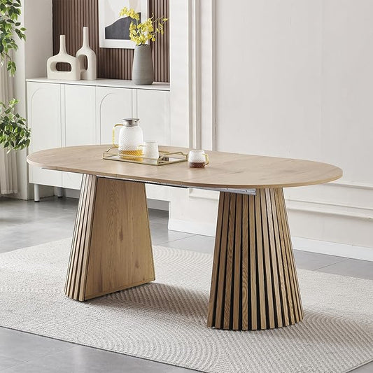 39.37-70.87 in Extendable Round Dining Table for 4 6 8, Modern Farmhouse Oval Dining Table with Removable Leaves & Solid Slatted Base, Wooden Expandable Dining Room Table for Kitchen Living Room