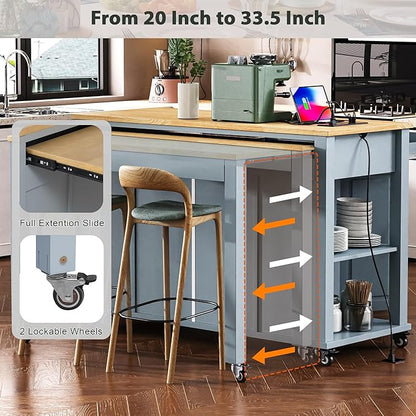 GOWE 47 inch Kitchen Island with Extendable Dining Table, Rubber Wood Veneer Kitchen Table with Internal Storage Rack, Power Outlet, Kitchen Island with Storage 2 Drawers 2 Cabinet,Grey Blu