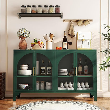 Foreate Arched Sideboard Buffet Cabinet with Storage & LED Light, 53.2" Large Buffet Cabinet with 4 Glass Door & Adjustable Shelf, Modern Farmhouse Sideboard Credenzas Metal Kitchen Buffet, Green