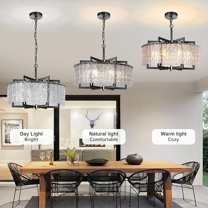 Modern Black Crystal Chandeliers for Dining Room, Elegant Chandelier Light Fixture for Kitchen Island, Water Ripple Glass, Drum Hanging Lights for Bar Table Entryway Foyer Hallway-24”
