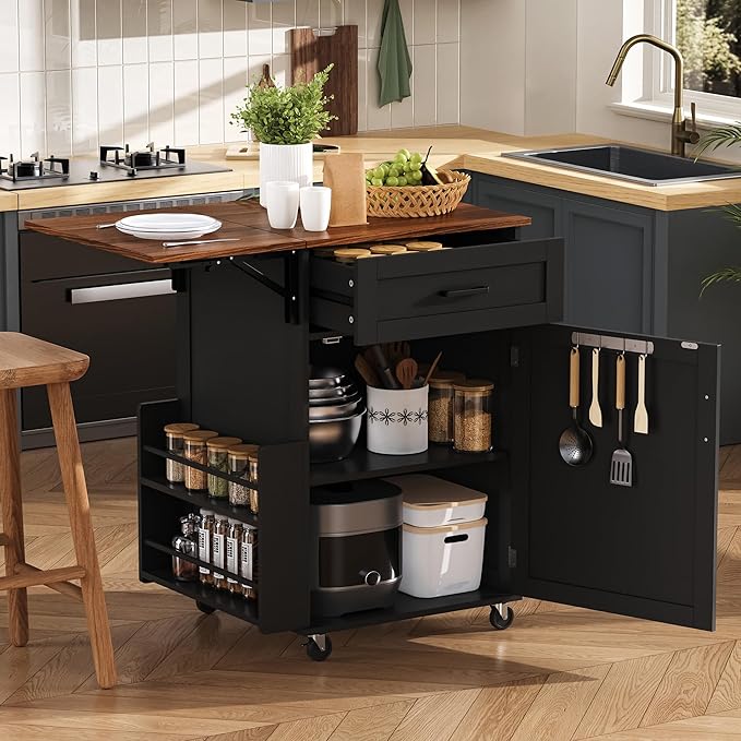 39.3" Farmhouse Kitchen Island with Drop Leaf and Open Side Rack, Small Kitchen Rolling Cart with Drawer and Storage Cabinet, Mobile Dining Table with Lockable Wheels and Towel Rack for Garden Black