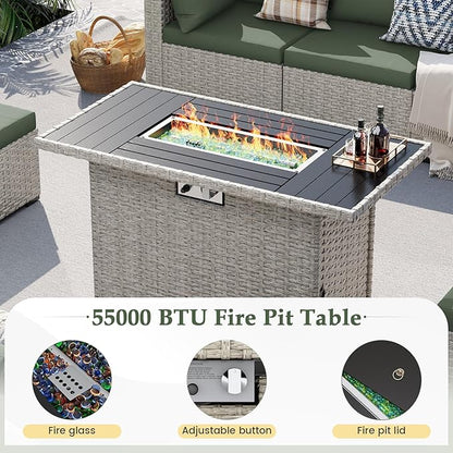 UDPATIO Patio Furniture Set with Fire Pit Table, 8 Pieces Outdoor Sectional Sofa, PE Wicker Patio Conversation Set for Garden, Backyard Green