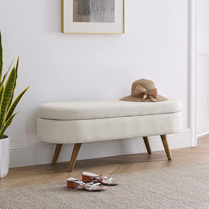 Modern Ottoman Bench with Storage - Versatile Bedside Pouf, Footstool, Toy Storage Ottoman for Bedroom, Living Room, Hallway Entryway, Multi-Use Furniture,Beige-Linen