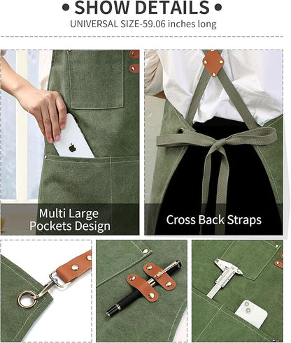 ZOMAO Cotton Canvas Cross Back Apron for Men and Women,Chef Apron With Adjustable Strap and Large Pockets,Kitchen Cooking Baking Bib Heavy Duty Work Apron(Army green)