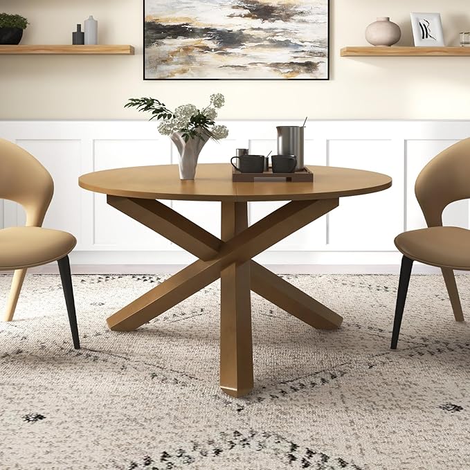 Giantex 47" Round Dining Table with Intersecting Acacia Wood Legs, Adjustable Foot Pads, 500Lbs Capacity, Mid Century Kitchen Table for 4-6 Person Dinner, Dinette, Dining Room, Restaurant