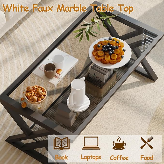 Wolawu Glass Coffee Table Living Room Table with Storage Shelf, Grey Glass Table Simple Modern Rectangular Tables with Sturdy Black Metal Frame,Industrial Glass Coffee Table for Bedroom Home Office