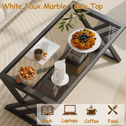 Wolawu Glass Coffee Table Living Room Table with Storage Shelf, Grey Glass Table Simple Modern Rectangular Tables with Sturdy Black Metal Frame,Industrial Glass Coffee Table for Bedroom Home Office
