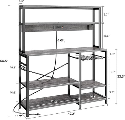 SUPERJARE Bakers Rack with Power Outlet, 47.2 Inches Coffee Bar with 3 Level-Adjustable Open Shelves, Wire Basket, Kitchen Microwave Stand with 6 S-Shaped Hooks, Grey