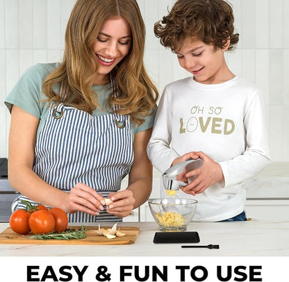Zulay Kitchen Premium Garlic Press Set – Rust Proof & Dishwasher Safe Garlic Mincer Tool with Silicone Garlic Peeler & Brush, Easy Squeeze & Clean, Ergonomic Soft Grip Handle - Medium – Chrome