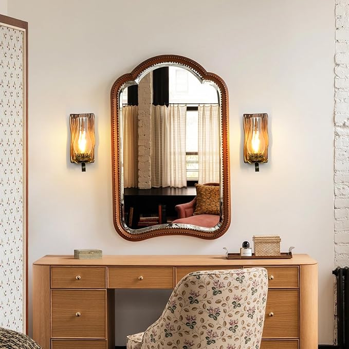 Rustic Wall Sconces Sets of 2, Oil Rubbed Bronze Wall Sconce Indoor Retro Wall Lamps with Amber Glass E12 Wood Bedside Wall Light Fixture for Hallway Living Room Bedroom Fireplace