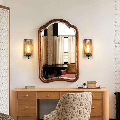 Rustic Wall Sconces Sets of 2, Oil Rubbed Bronze Wall Sconce Indoor Retro Wall Lamps with Amber Glass E12 Wood Bedside Wall Light Fixture for Hallway Living Room Bedroom Fireplace