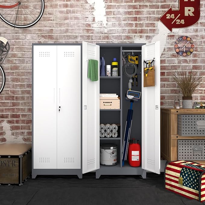 IRONFFICE Locking Cabinet,Metal Garage Storage Cabinets with 2 Doors,Garage Tool Storage Cabinets with 3 Adjustable Shelves,Lockable Storage Cabinet for Basement,Home Office,Grey-White