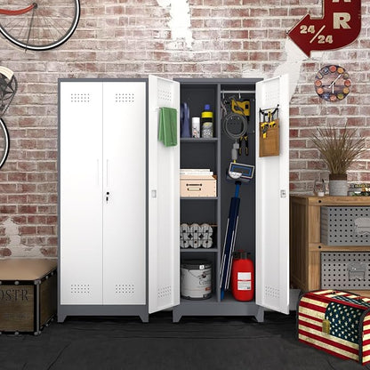 IRONFFICE Locking Cabinet,Metal Garage Storage Cabinets with 2 Doors,Garage Tool Storage Cabinets with 3 Adjustable Shelves,Lockable Storage Cabinet for Basement,Home Office,Grey-White