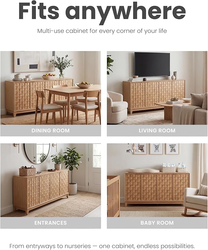 MALOL Sideboard Buffet Cabinet with Storage, Modern 4-Door Buffet Table with 3D Checkerboard Doors & Solid Wood Legs, Large Coffee Bar Cabinet for Dining Room, Living Room, Entryway, Neutral Wood