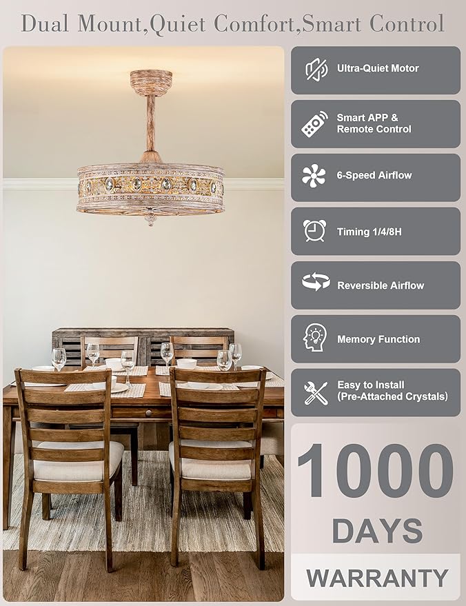 Farmhouse Chandelier Ceiling Fan with Light,Rustic Distressed Wood-Look Caged Bladeless Fandelier,Country Cottage Crystal Drum Light Fixture,Hanging/Flush Mount for Bedroom,Dining Room,Kitchen Island