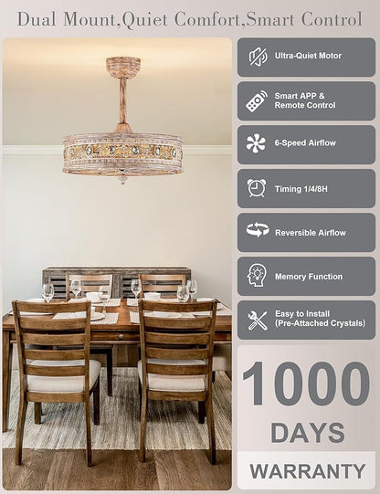 Farmhouse Chandelier Ceiling Fan with Light,Rustic Distressed Wood-Look Caged Bladeless Fandelier,Country Cottage Crystal Drum Light Fixture,Hanging/Flush Mount for Bedroom,Dining Room,Kitchen Island