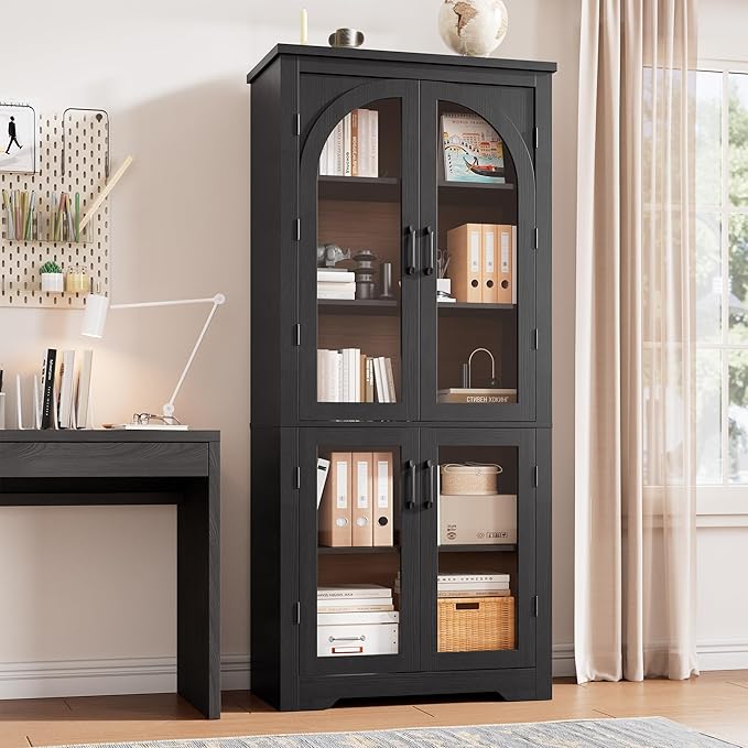 Garvee 70" Tall Kitchen Pantry Cabinet - Modern Display Cabinet with 4 Arched Glass Doors and Adjustable Shelves, Versatile Cupboard Organizers for Kitchen, Dining Room, Living Room, Bathroom, Black