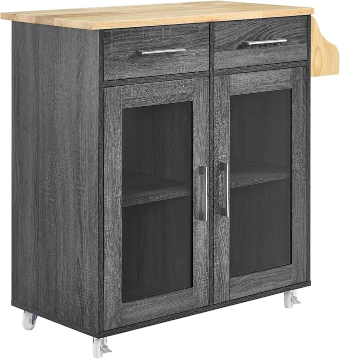Modway Cuisine Rolling Kitchen Cart with Storage in Charcoal Natural - Portable Island for Kitchen with Spice Rack, Perfect as a Coffee Bar Cabinet, Butcher Block Island or Kitchen Island on Wheels